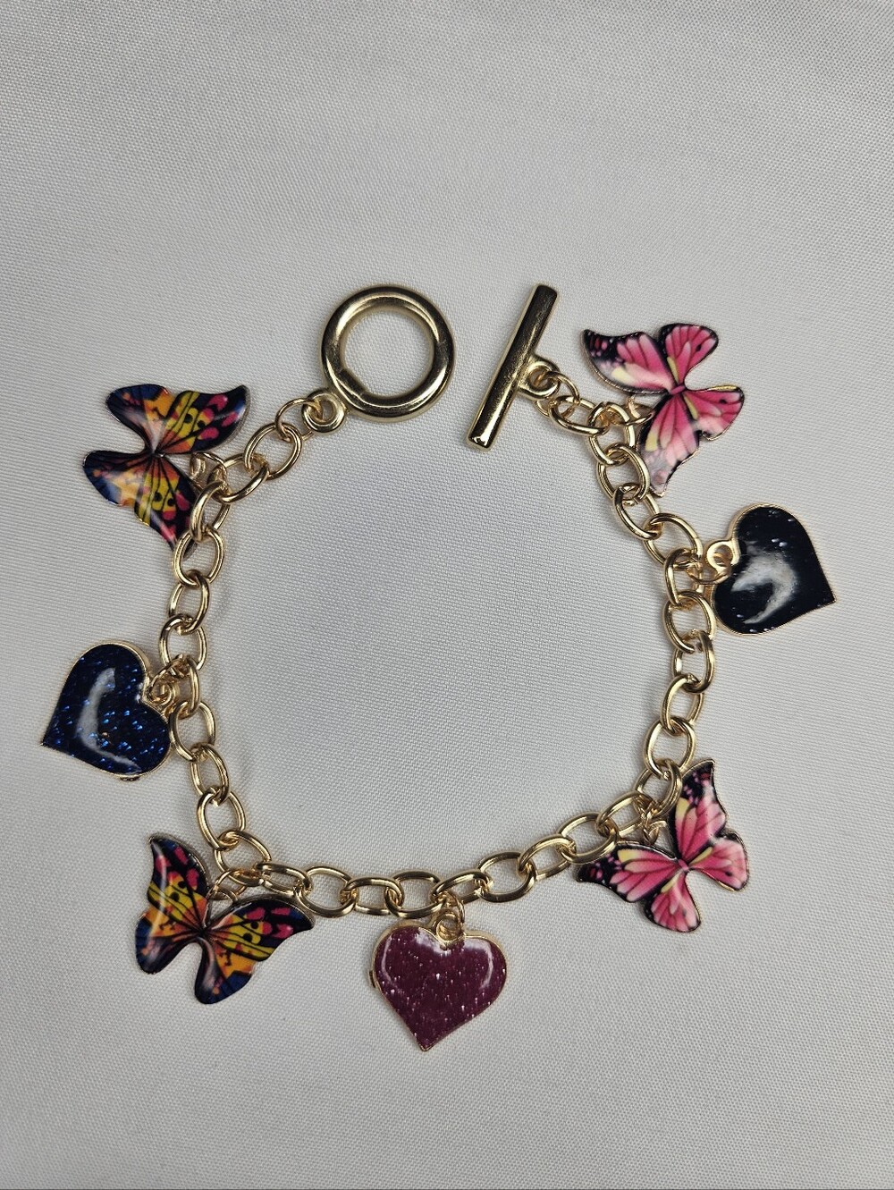 Handmade Butterfly & Heart Charm Bracelet | Gold-Tone Statement Bracelet